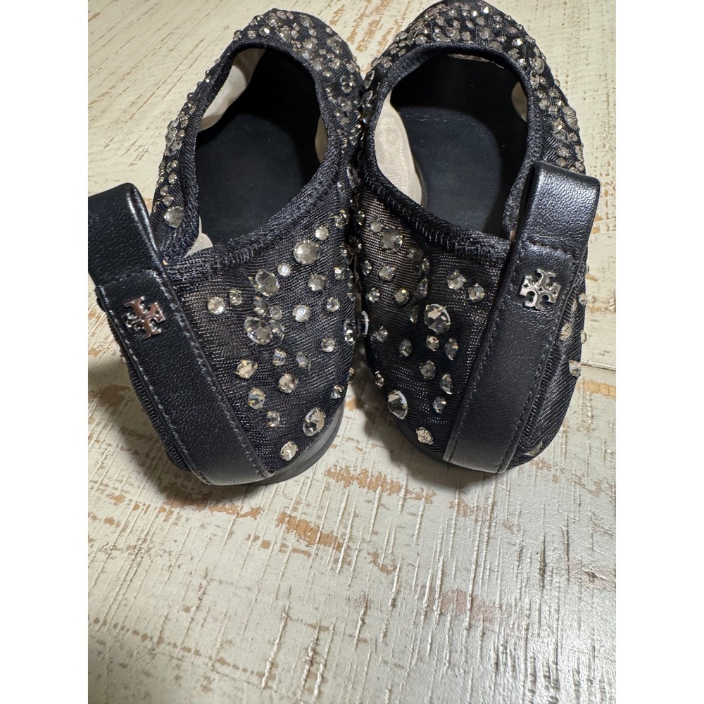 Tory Burch Black Mesh Rhinestone Embellished Ballet Flats Size 6.5M Crystal Logo - Picture 7 of 7